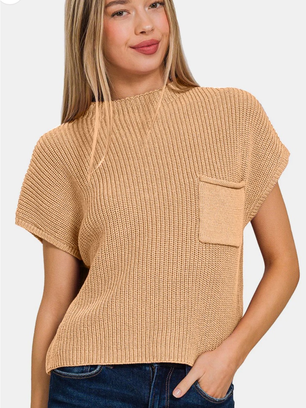 Zenana Casual Knit Pocket Top in Camel